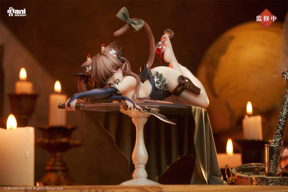 Expand your figure collection with the Shadow Meow Niko 1/7 scale figure by AniMester. This figure displays the character with cat-like features as she lays on a table in a memorable pose. Shadow Meow Niko is seen holding a gun sword in one hand and a grenade in another, as she holds the pin in her mouth. Don't miss out on adding this figure to your collection!