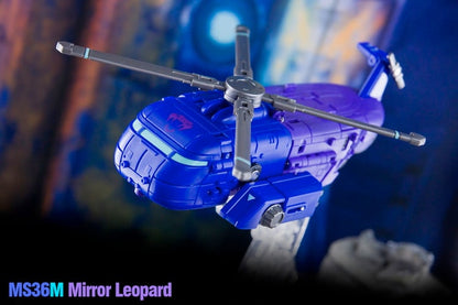 This MS-36M Mirror Leopard figure can convert between three modes; robot, helicopter, and off-road vehicle. When in robot mode, the figure is fully articulated and features a blaster weapon.