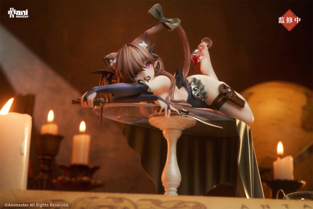 Expand your figure collection with the Shadow Meow Niko 1/7 scale figure by AniMester. This figure displays the character with cat-like features as she lays on a table in a memorable pose. Shadow Meow Niko is seen holding a gun sword in one hand and a grenade in another, as she holds the pin in her mouth. Don't miss out on adding this figure to your collection!