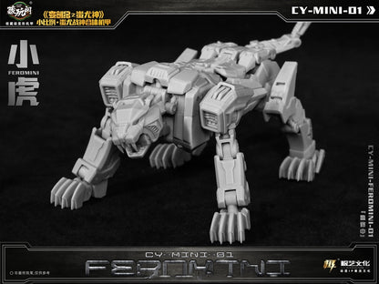 The CY-Mini-01 Feromini converts into a cat-like creature from a robot. Feromini stands about 3.75 inches tall in robot mode and comes with a blaster and sword for weapons.