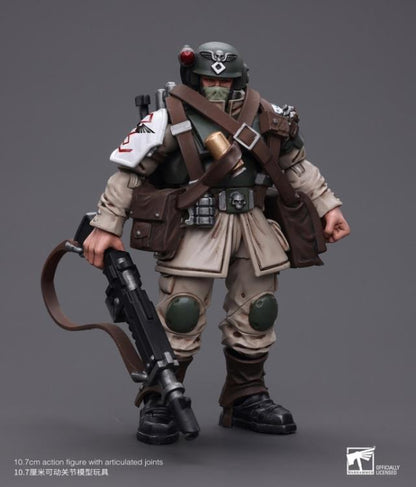 This is a 1/18 scale highly detailed, articulated figure based on Warhammer 40k's Cadian Command Squad Veteran with Medi-pack of the Astra Militarum. The Cadian Command figure stands nearly 6 inches tall and comes with several interchangeable parts and accessories, opening the door to many different and unique display opportunities.