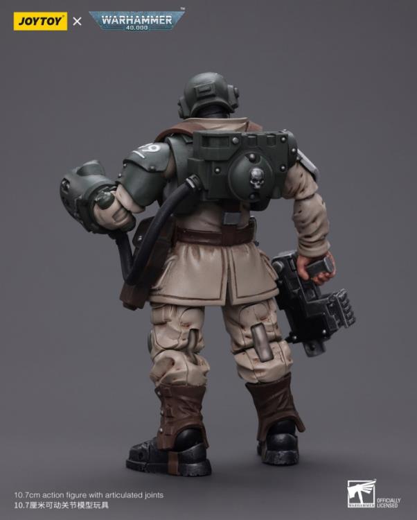 This is a 1/18 scale highly detailed, articulated figure based on Warhammer 40k's Cadian Command Squad Veteran Sergeant with Power Fist of the Astra Militarum. The Cadian Command figure stands nearly 6 inches tall and comes with several interchangeable parts and accessories, opening the door to a plethora of different and unique display opportunities.