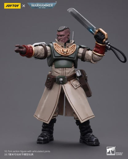 This is a 1/18 scale highly detailed, articulated figure based on Warhammer 40k's Cadian Command Squad Commander with Power Sword of the Astra Militarum. The Cadian Command figure stands nearly 6 inches tall and comes with several interchangeable parts and accessories, opening the door to a plethora of different and unique display opportunities.