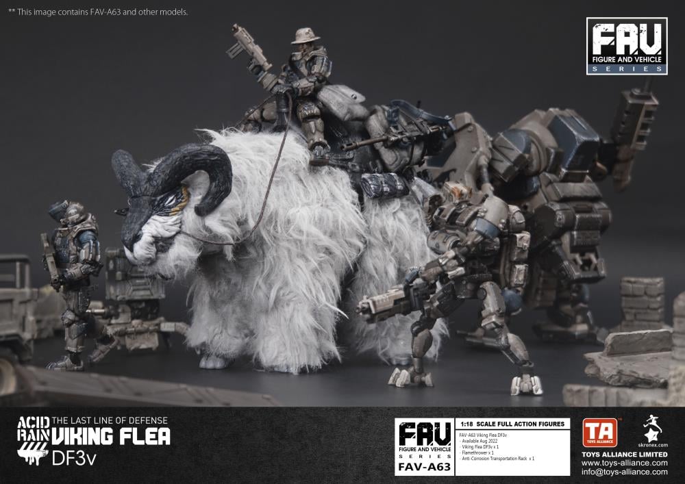 For the most part, the design of the Viking Flea DF3v has remained consistent with other Flea types - it’s scuttling drone legs already being well adapted to the snowy territory of the Tritans. However, the 55th Viking Shield Team were frustrated by its apparent lack of firepower against the rugged mountain marauders, so now the Viking Flea carries both a Gatling Gun as well as a Flamethrower which can be easily interchanged. Handily, the Flea also carries a Anti-Corrosion Transportation Rack for attaching 