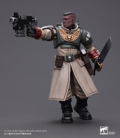 This is a 1/18 scale highly detailed, articulated figure based on Warhammer 40k's Cadian Command Squad Commander with Power Sword of the Astra Militarum. The Cadian Command figure stands nearly 6 inches tall and comes with several interchangeable parts and accessories, opening the door to a plethora of different and unique display opportunities.