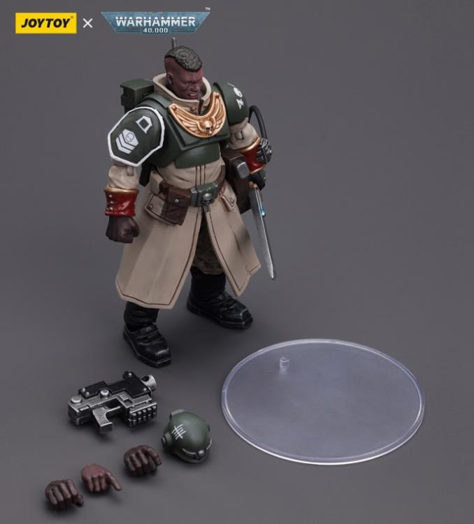 This is a 1/18 scale highly detailed, articulated figure based on Warhammer 40k's Cadian Command Squad Commander with Power Sword of the Astra Militarum. The Cadian Command figure stands nearly 6 inches tall and comes with several interchangeable parts and accessories, opening the door to a plethora of different and unique display opportunities.