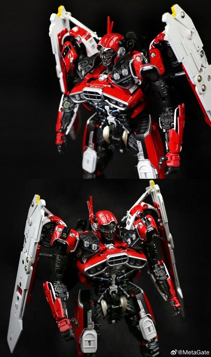 MetaGate figures take your collection to the next level with G05 Red Fantasy, a Masterpiece Scale scaled 3rd party figure that transforms from muscle car to fighter jet to robot and back.   G05 Red Fantasy stands 10.0 inches tall in robot mode and scales to other figures from MetaGate and to other Masterpiece Scale scaled figures. MetaGate figures are fully transforamble, offer a high attention to detail, and are highly articulated, with figures made of high quality materials.