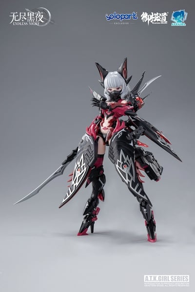 The latest installment in the Endless Night series of mecha musume model kits by Eastern Model is the Vampire Camilla. The mecha musume features a sharp and distinct design, incorporating elements like suspenders, stockings, and high heels. The classic red and black color scheme is complemented by silver accents with a metallic pre-spray.