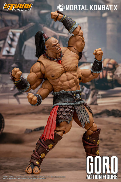 Prince GORO has brought much honor to the Shokan race by serving Shao Kahn. His bloody achievements include crushed rebellions and conquered provinces. During the past 500 years he has been celebrated for winning the last nine Mortal Kombat tournaments for Outworld. Should he defeat Earthrealm's champion this time, he will become more than legendary. His victory is assured. There are none in Earthrealm who can withstand the might of Goro.