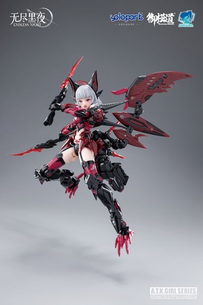 The latest installment in the Endless Night series of mecha musume model kits by Eastern Model is the Vampire Camilla. The mecha musume features a sharp and distinct design, incorporating elements like suspenders, stockings, and high heels. The classic red and black color scheme is complemented by silver accents with a metallic pre-spray.