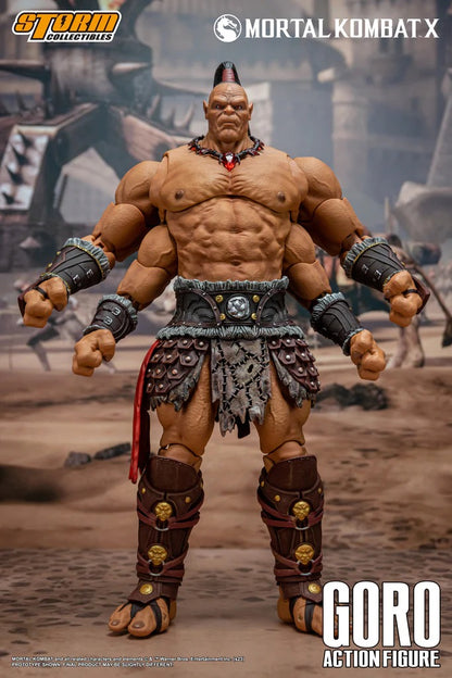 Prince GORO has brought much honor to the Shokan race by serving Shao Kahn. His bloody achievements include crushed rebellions and conquered provinces. During the past 500 years he has been celebrated for winning the last nine Mortal Kombat tournaments for Outworld. Should he defeat Earthrealm's champion this time, he will become more than legendary. His victory is assured. There are none in Earthrealm who can withstand the might of Goro.