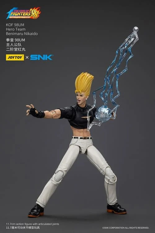 A new fighter is approaching! From the legendary fighting game The King of Fighters '98: Ultimate Match comes the next challenger in 1/18 scale: Benimaru Nikaido! Dressed in his traditional black and white outfit, Benimaru comes with a large variety of accessories including energy effects when executing a powerful move. Recreated with outstanding detail lifted directly from the game, you'll be able to re-enact your favorite brawls or envision your own high stakes fights in style! Don't miss out on growing y
