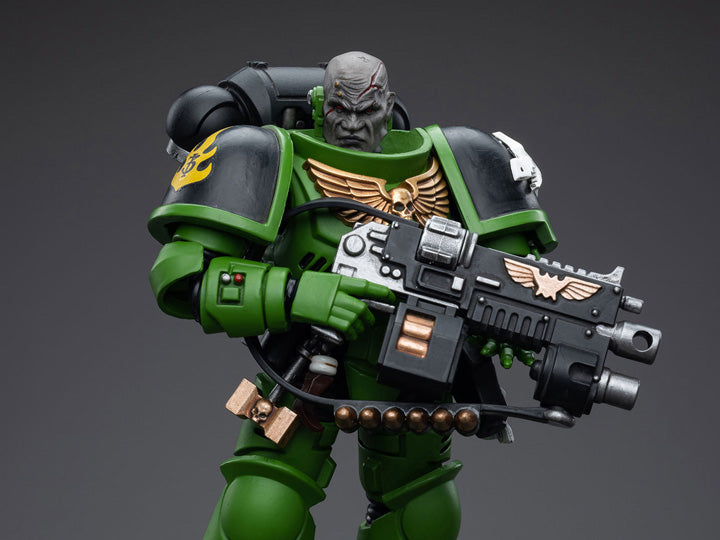 Hailing from a volcanic and unstable world, the Space Marine Chapter of the Salamanders take great care to avoid human casualties during their wars against Chaos. Deeply embedded in the Promeathan Cult, these warriors hone their skills to a lethal edge to protect Humanity. Each figure typically includes interchangeable hands and weapon accessories and stands between 4" and 6" tall.