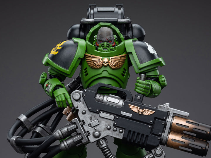 Hailing from a volcanic and unstable world, the Space Marine Chapter of the Salamanders take great care to avoid human casualties during their wars against Chaos. Deeply embedded in the Promeathan Cult, these warriors hone their skills to a lethal edge to protect Humanity. Each figure typically includes interchangeable hands and weapon accessories and stands between 4" and 6" tall.