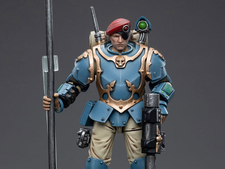 This is a 1/18 scale highly detailed, articulated figure based on Warhammer 40k's Tempestus Scion of the Astra Militarum Tempestus 55th Kappic Eagles. The Tempestus Scion figure stands about 4.20 inches tall and comes with several interchangeable parts and accessories, opening the door to a plethora of different and unique display opportunities.