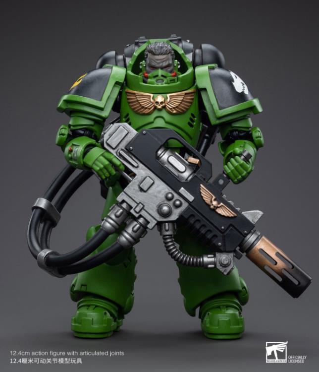 Hailing from a volcanic and unstable world, the Space Marine Chapter of the Salamanders take great care to avoid human casualties during their wars against Chaos. Deeply embedded in the Promeathan Cult, these warriors hone their skills to a lethal edge to protect Humanity. Each figure typically includes interchangeable hands and weapon accessories and stands between 4" and 6" tall. Wielding a deadly flamethrower, Brother T'Kren has a grim satisfaction of leaving purifying flames in his wake.