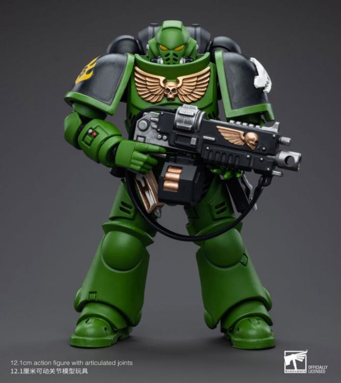 Hailing from a volcanic and unstable world, the Space Marine Chapter of the Salamanders take great care to avoid human casualties during their wars against Chaos. Deeply embedded in the Promeathan Cult, these warriors hone their skills to a lethal edge to protect Humanity. Each figure typically includes interchangeable hands and weapon accessories and stands between 4" and 6" tall.