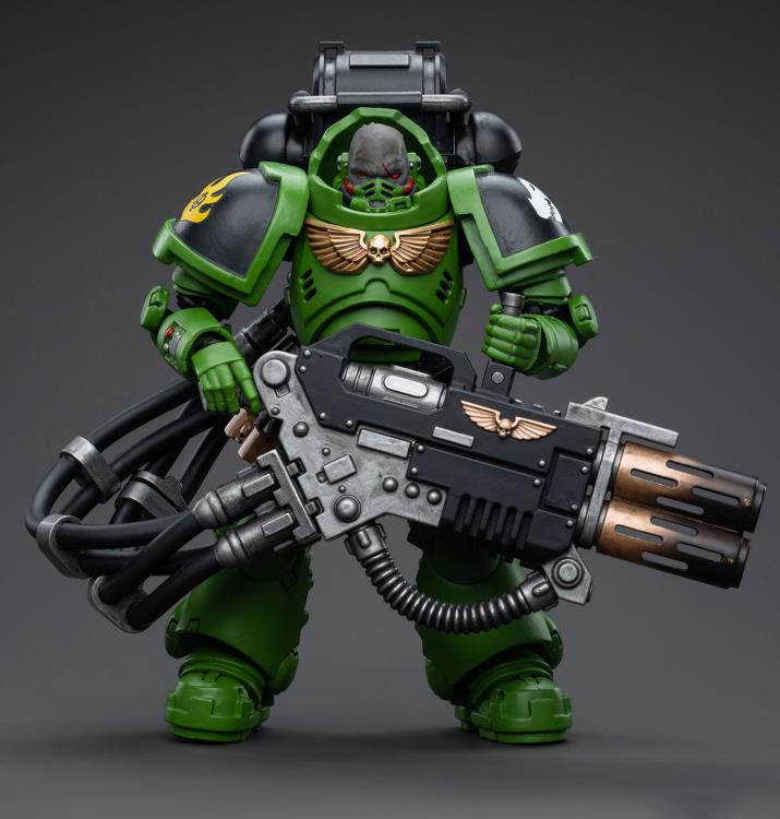 Hailing from a volcanic and unstable world, the Space Marine Chapter of the Salamanders take great care to avoid human casualties during their wars against Chaos. Deeply embedded in the Promeathan Cult, these warriors hone their skills to a lethal edge to protect Humanity. Each figure typically includes interchangeable hands and weapon accessories and stands between 4" and 6" tall.