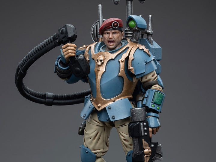 This is a 1/18 scale highly detailed, articulated figure based on Warhammer 40k's Tempestus Scion of the Astra Militarum Tempestus 55th Kappic Eagles. The Tempestus Scion figure stands about 4.20 inches tall and comes with several interchangeable parts and accessories, opening the door to a plethora of different and unique display opportunities.