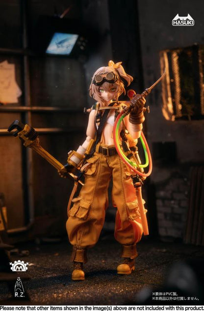 Expand your figure collection with the Pocket Art Series Mechanic Fiona 1/12 scale figure by Hasuki. This highly posable action figure includes additional parts and accessories to create fun poses or scenes with. Mechanic Fiona is seen with baggy orange suspender pants and goggles on her head, along with other attire fitting of this hard working mechanic. Be sure to add Fiona to your collection!