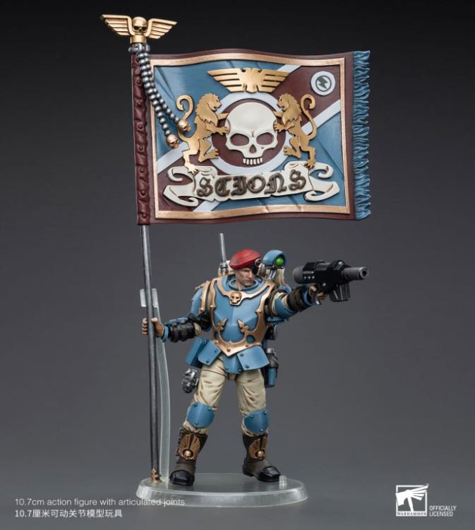 This is a 1/18 scale highly detailed, articulated figure based on Warhammer 40k's Tempestus Scion of the Astra Militarum Tempestus 55th Kappic Eagles. The Tempestus Scion figure stands about 4.20 inches tall and comes with several interchangeable parts and accessories, opening the door to a plethora of different and unique display opportunities.