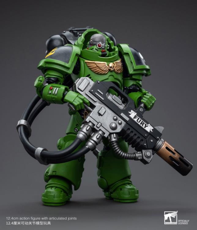 Hailing from a volcanic and unstable world, the Space Marine Chapter of the Salamanders take great care to avoid human casualties during their wars against Chaos. Deeply embedded in the Promeathan Cult, these warriors hone their skills to a lethal edge to protect Humanity. Each figure typically includes interchangeable hands and weapon accessories and stands between 4" and 6" tall.