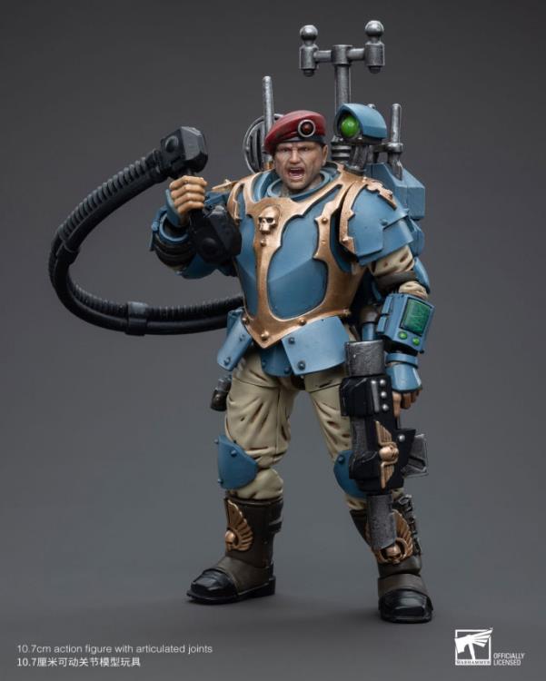 This is a 1/18 scale highly detailed, articulated figure based on Warhammer 40k's Tempestus Scion of the Astra Militarum Tempestus 55th Kappic Eagles. The Tempestus Scion figure stands about 4.20 inches tall and comes with several interchangeable parts and accessories, opening the door to a plethora of different and unique display opportunities.