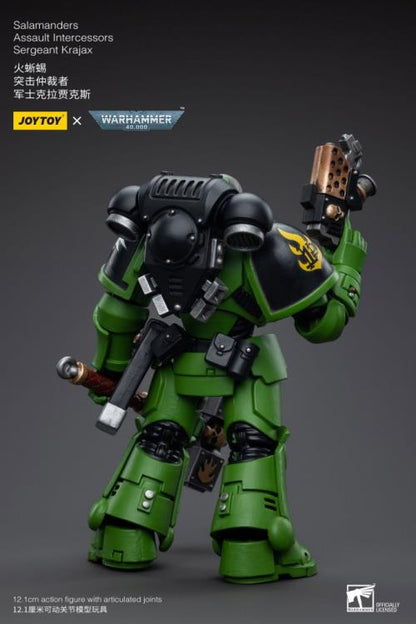 Hailing from a volcanic and unstable world, the Space Marine Chapter of the Salamanders take great care to avoid human casualties during their wars against Chaos. Deeply embedded in the Promeathan Cult, these warriors hone their skills to a lethal edge to protect Humanity. Each figure typically includes interchangeable hands and weapon accessories and stands between 4" and 6" tall. Sergeant Krajax leads his men into the fray as many times as it takes to complete the mission, regardless of casualties.