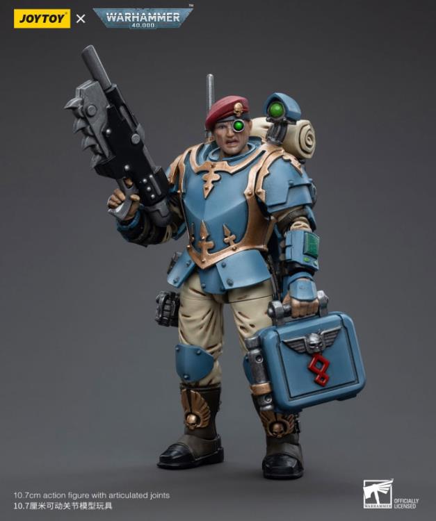 This is a 1/18 scale highly detailed, articulated figure based on Warhammer 40k's Tempestus Scion of the Astra Militarum Tempestus 55th Kappic Eagles. The Tempestus Scion figure stands about 4.20 inches tall and comes with several interchangeable parts and accessories, opening the door to a plethora of different and unique display opportunities.