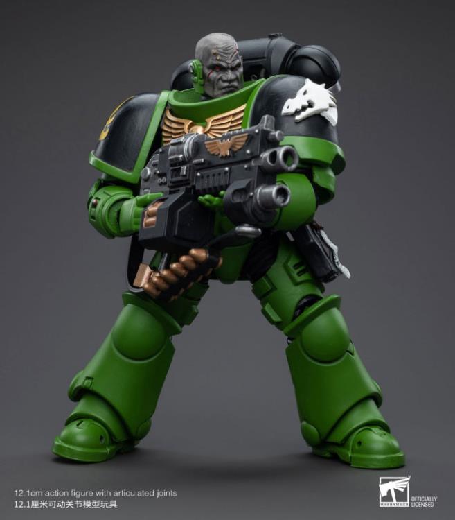 Hailing from a volcanic and unstable world, the Space Marine Chapter of the Salamanders take great care to avoid human casualties during their wars against Chaos. Deeply embedded in the Promeathan Cult, these warriors hone their skills to a lethal edge to protect Humanity. Each figure typically includes interchangeable hands and weapon accessories and stands between 4" and 6" tall.