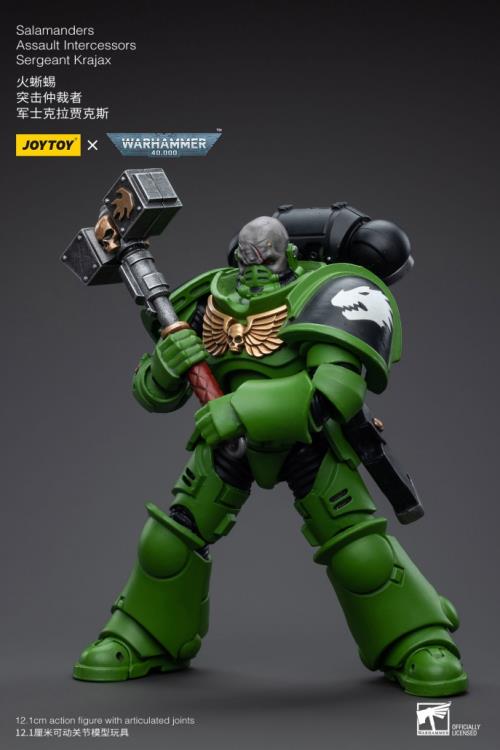 Hailing from a volcanic and unstable world, the Space Marine Chapter of the Salamanders take great care to avoid human casualties during their wars against Chaos. Deeply embedded in the Promeathan Cult, these warriors hone their skills to a lethal edge to protect Humanity. Each figure typically includes interchangeable hands and weapon accessories and stands between 4" and 6" tall. Sergeant Krajax leads his men into the fray as many times as it takes to complete the mission, regardless of casualties.