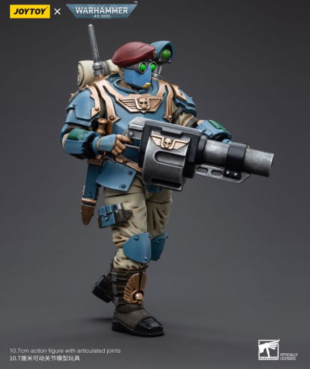 This is a 1/18 scale highly detailed, articulated figure based on Warhammer 40k's Tempestus Scion of the Astra Militarum Tempestus 55th Kappic Eagles. The Tempestus Scion figure stands about 4.20 inches tall and comes with several interchangeable parts and accessories, opening the door to a plethora of different and unique display opportunities.