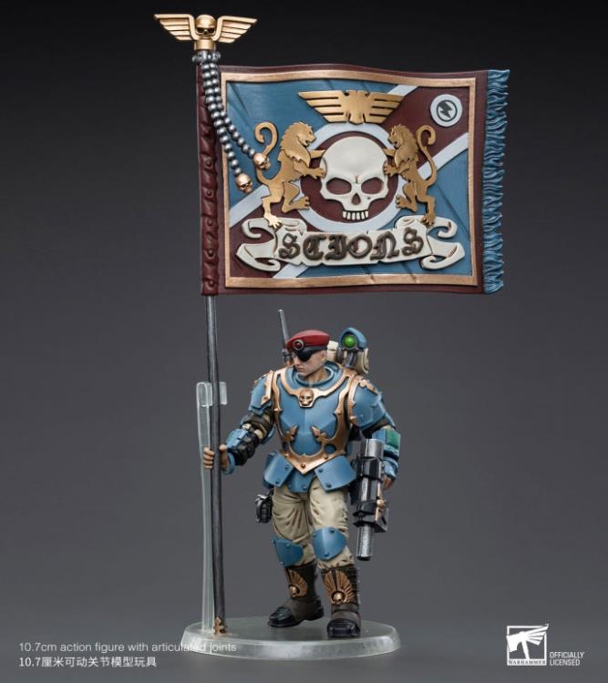 This is a 1/18 scale highly detailed, articulated figure based on Warhammer 40k's Tempestus Scion of the Astra Militarum Tempestus 55th Kappic Eagles. The Tempestus Scion figure stands about 4.20 inches tall and comes with several interchangeable parts and accessories, opening the door to a plethora of different and unique display opportunities.