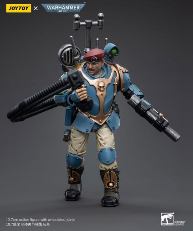 This is a 1/18 scale highly detailed, articulated figure based on Warhammer 40k's Tempestus Scion of the Astra Militarum Tempestus 55th Kappic Eagles. The Tempestus Scion figure stands about 4.20 inches tall and comes with several interchangeable parts and accessories, opening the door to a plethora of different and unique display opportunities.