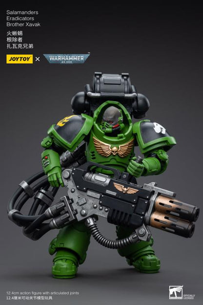 Hailing from a volcanic and unstable world, the Space Marine Chapter of the Salamanders take great care to avoid human casualties during their wars against Chaos. Deeply embedded in the Promeathan Cult, these warriors hone their skills to a lethal edge to protect Humanity. Each figure typically includes interchangeable hands and weapon accessories and stands between 4" and 6" tall.