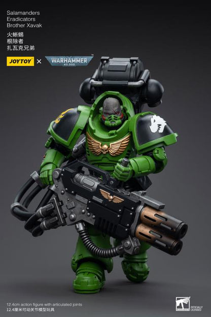 Hailing from a volcanic and unstable world, the Space Marine Chapter of the Salamanders take great care to avoid human casualties during their wars against Chaos. Deeply embedded in the Promeathan Cult, these warriors hone their skills to a lethal edge to protect Humanity. Each figure typically includes interchangeable hands and weapon accessories and stands between 4" and 6" tall.