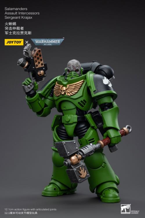 Hailing from a volcanic and unstable world, the Space Marine Chapter of the Salamanders take great care to avoid human casualties during their wars against Chaos. Deeply embedded in the Promeathan Cult, these warriors hone their skills to a lethal edge to protect Humanity. Each figure typically includes interchangeable hands and weapon accessories and stands between 4" and 6" tall. Sergeant Krajax leads his men into the fray as many times as it takes to complete the mission, regardless of casualties.