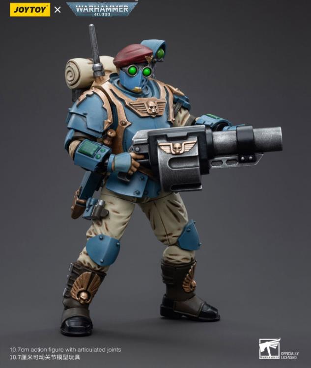 This is a 1/18 scale highly detailed, articulated figure based on Warhammer 40k's Tempestus Scion of the Astra Militarum Tempestus 55th Kappic Eagles. The Tempestus Scion figure stands about 4.20 inches tall and comes with several interchangeable parts and accessories, opening the door to a plethora of different and unique display opportunities.