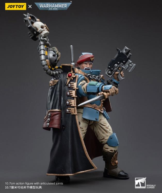 This is a 1/18 scale highly detailed, articulated figure based on Warhammer 40k's Tempestus Scion of the Astra Militarum Tempestus 55th Kappic Eagles. The Tempestus Scion figure stands about 4.20 inches tall and comes with several interchangeable parts and accessories, opening the door to a plethora of different and unique display opportunities.