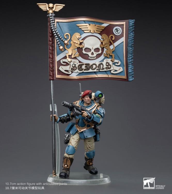 This is a 1/18 scale highly detailed, articulated figure based on Warhammer 40k's Tempestus Scion of the Astra Militarum Tempestus 55th Kappic Eagles. The Tempestus Scion figure stands about 4.20 inches tall and comes with several interchangeable parts and accessories, opening the door to a plethora of different and unique display opportunities.