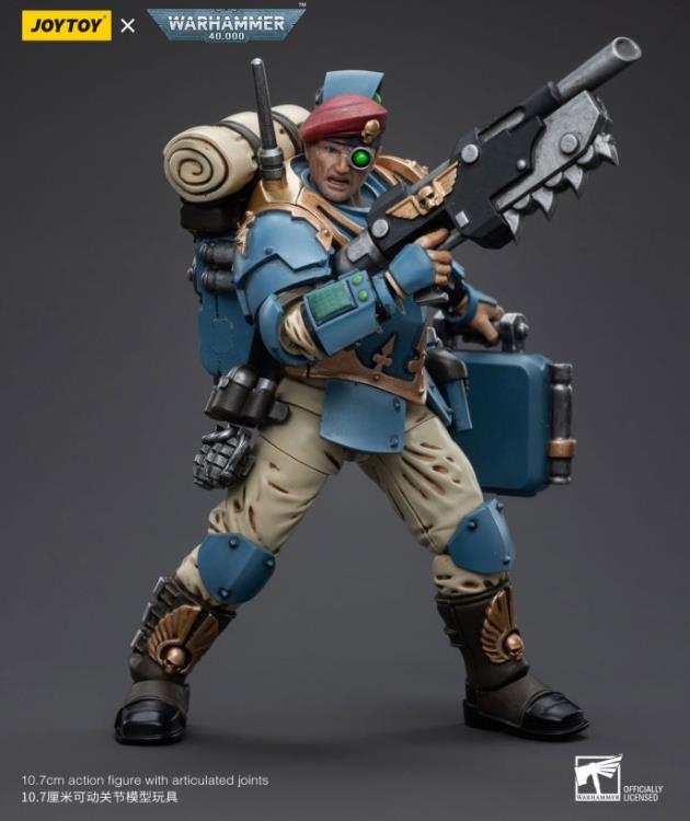 This is a 1/18 scale highly detailed, articulated figure based on Warhammer 40k's Tempestus Scion of the Astra Militarum Tempestus 55th Kappic Eagles. The Tempestus Scion figure stands about 4.20 inches tall and comes with several interchangeable parts and accessories, opening the door to a plethora of different and unique display opportunities.