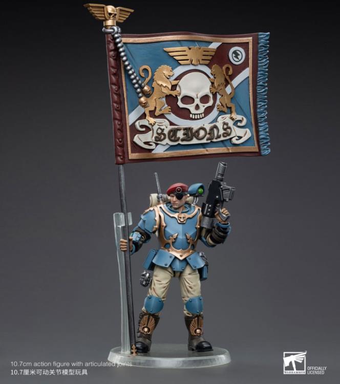 This is a 1/18 scale highly detailed, articulated figure based on Warhammer 40k's Tempestus Scion of the Astra Militarum Tempestus 55th Kappic Eagles. The Tempestus Scion figure stands about 4.20 inches tall and comes with several interchangeable parts and accessories, opening the door to a plethora of different and unique display opportunities.