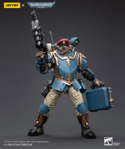 This is a 1/18 scale highly detailed, articulated figure based on Warhammer 40k's Tempestus Scion of the Astra Militarum Tempestus 55th Kappic Eagles. The Tempestus Scion figure stands about 4.20 inches tall and comes with several interchangeable parts and accessories, opening the door to a plethora of different and unique display opportunities.