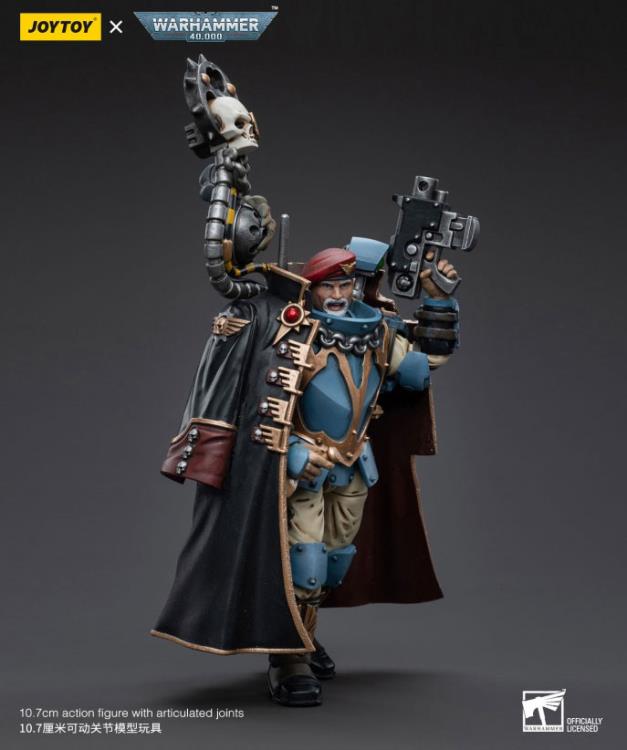 This is a 1/18 scale highly detailed, articulated figure based on Warhammer 40k's Tempestus Scion of the Astra Militarum Tempestus 55th Kappic Eagles. The Tempestus Scion figure stands about 4.20 inches tall and comes with several interchangeable parts and accessories, opening the door to a plethora of different and unique display opportunities.