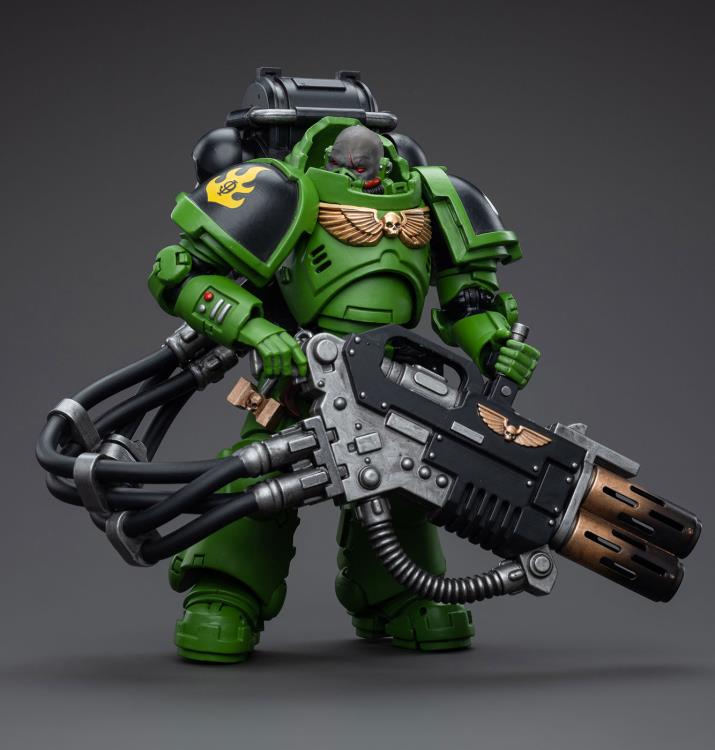 Hailing from a volcanic and unstable world, the Space Marine Chapter of the Salamanders take great care to avoid human casualties during their wars against Chaos. Deeply embedded in the Promeathan Cult, these warriors hone their skills to a lethal edge to protect Humanity. Each figure typically includes interchangeable hands and weapon accessories and stands between 4" and 6" tall.