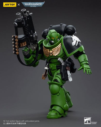 Hailing from a volcanic and unstable world, the Space Marine Chapter of the Salamanders take great care to avoid human casualties during their wars against Chaos. Deeply embedded in the Promeathan Cult, these warriors hone their skills to a lethal edge to protect Humanity. Each figure typically includes interchangeable hands and weapon accessories and stands between 4" and 6" tall.