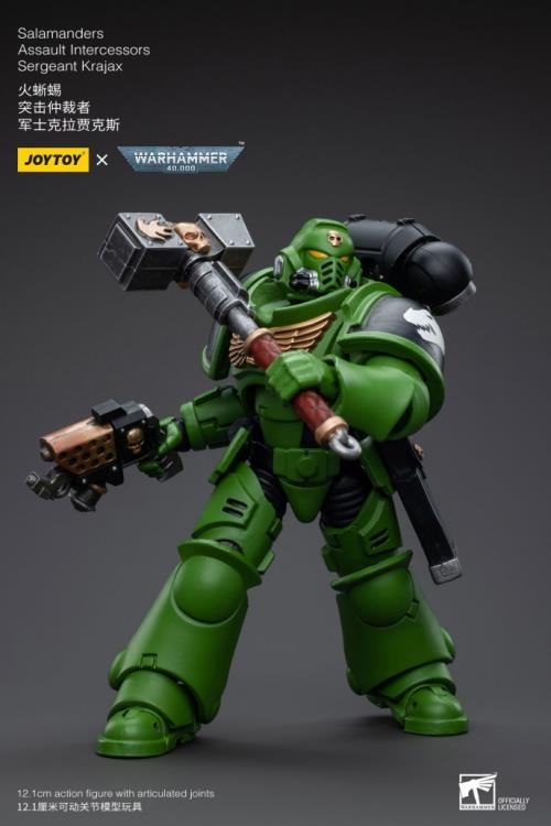 Hailing from a volcanic and unstable world, the Space Marine Chapter of the Salamanders take great care to avoid human casualties during their wars against Chaos. Deeply embedded in the Promeathan Cult, these warriors hone their skills to a lethal edge to protect Humanity. Each figure typically includes interchangeable hands and weapon accessories and stands between 4" and 6" tall. Sergeant Krajax leads his men into the fray as many times as it takes to complete the mission, regardless of casualties.