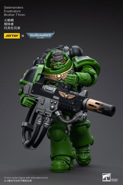 Hailing from a volcanic and unstable world, the Space Marine Chapter of the Salamanders take great care to avoid human casualties during their wars against Chaos. Deeply embedded in the Promeathan Cult, these warriors hone their skills to a lethal edge to protect Humanity. Each figure typically includes interchangeable hands and weapon accessories and stands between 4" and 6" tall. Wielding a deadly flamethrower, Brother T'Kren has a grim satisfaction of leaving purifying flames in his wake.