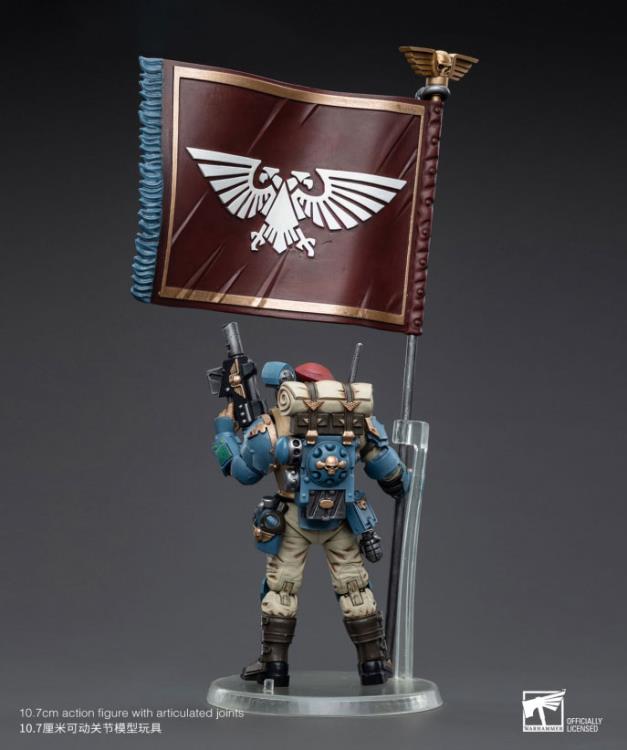 This is a 1/18 scale highly detailed, articulated figure based on Warhammer 40k's Tempestus Scion of the Astra Militarum Tempestus 55th Kappic Eagles. The Tempestus Scion figure stands about 4.20 inches tall and comes with several interchangeable parts and accessories, opening the door to a plethora of different and unique display opportunities.