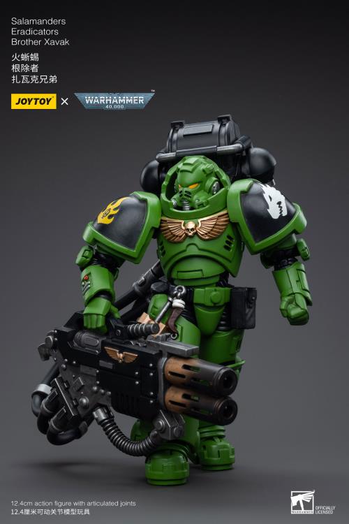 Hailing from a volcanic and unstable world, the Space Marine Chapter of the Salamanders take great care to avoid human casualties during their wars against Chaos. Deeply embedded in the Promeathan Cult, these warriors hone their skills to a lethal edge to protect Humanity. Each figure typically includes interchangeable hands and weapon accessories and stands between 4" and 6" tall.